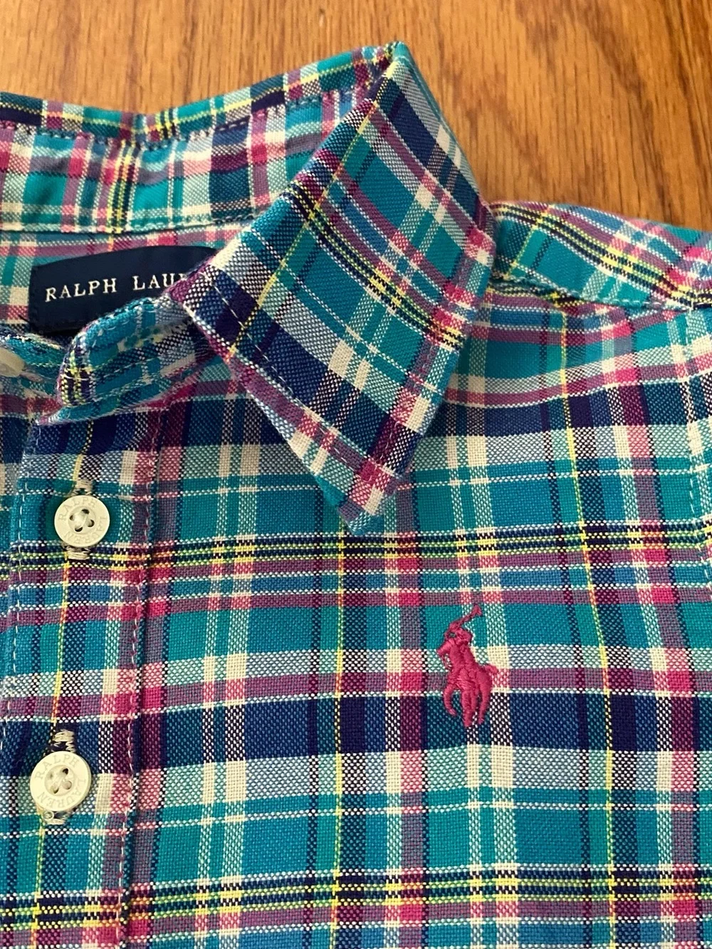 Ralph Lauren Blue Teal Pink Plaid Cotton Peplum  Shirt